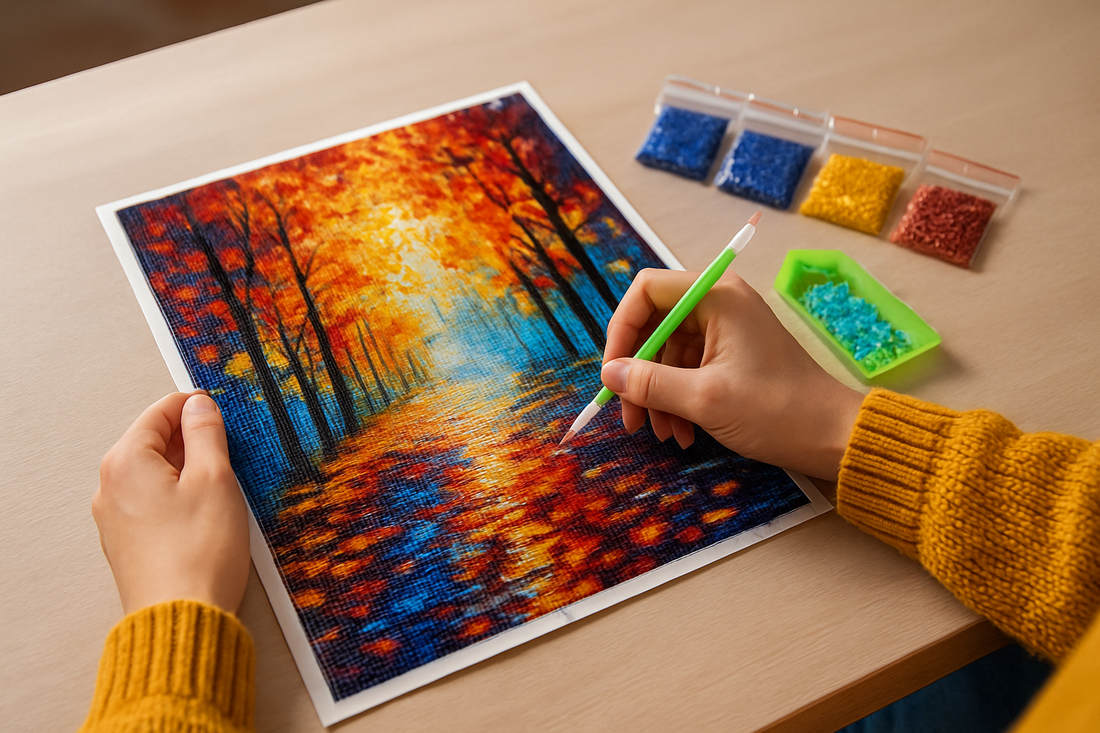 Färdig diamond painting inramad och upphängd på väggen i ett svenskt vardagsrum