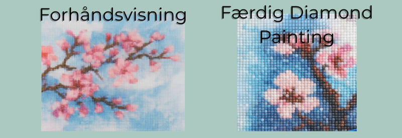 Finished diamond painting canvas compared with its digital preview