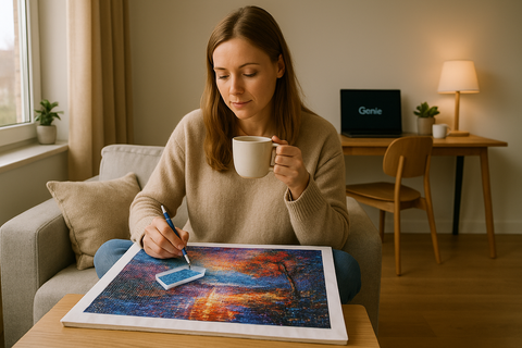 A woman relaxing with a diamond painting kit as a gift
