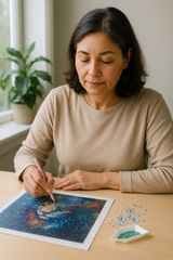 Hands placing diamonds on a diamond painting canvas