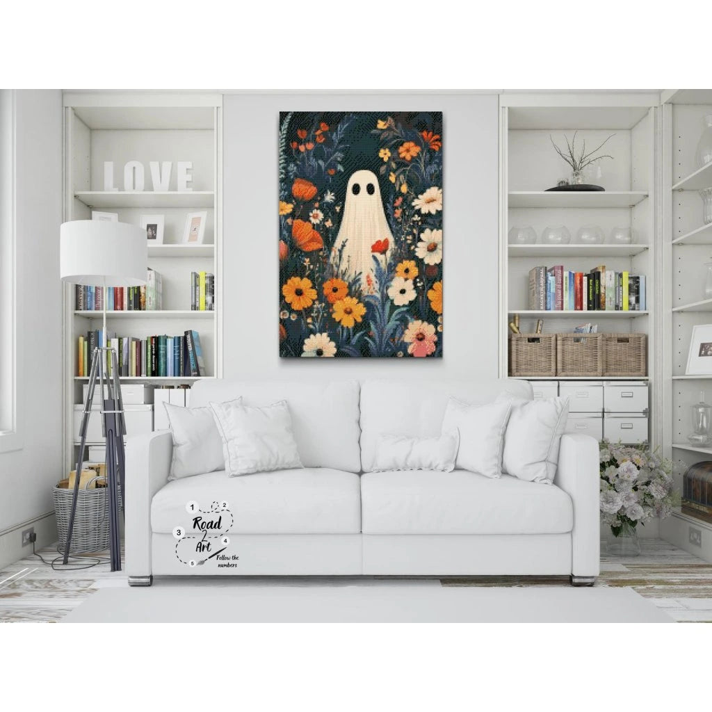 sött spöke i blomsterhav diamantmålning från PremiumDiamondPainting.se