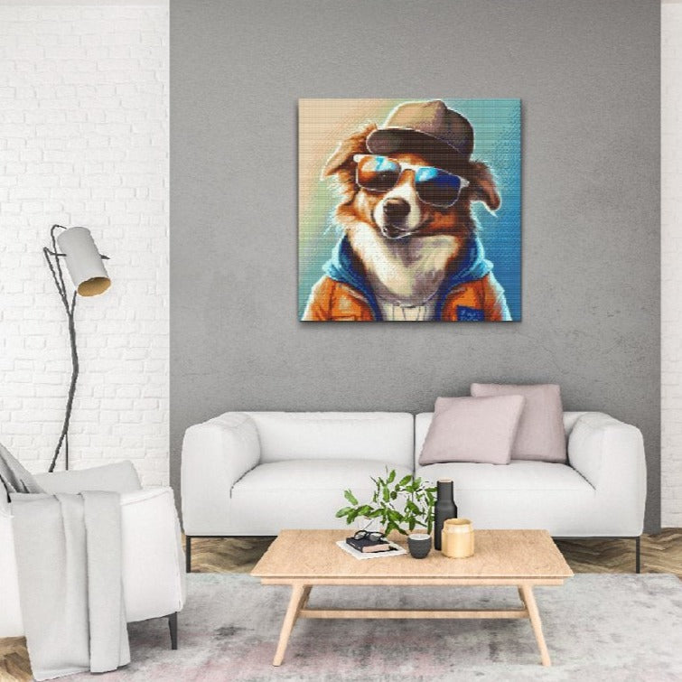 Cool hund med glasögon – färgstark diamanttavla för djurälskare med humor