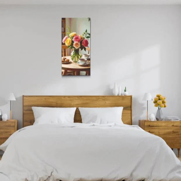 Rosor i vas på köksbord – Diamond Painting med lantlig känsla