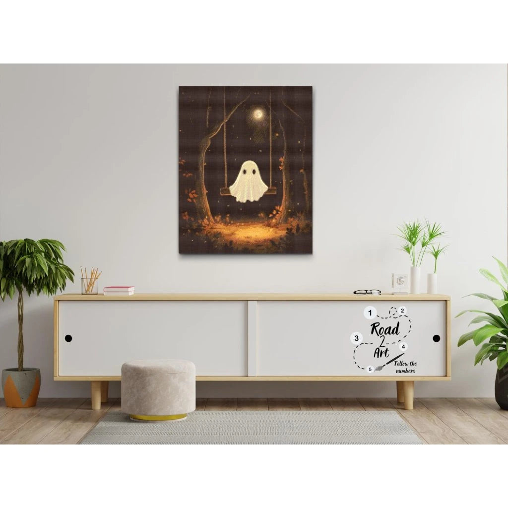 halloweeninspirerad diamond painting med sött spöke på gunga