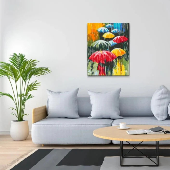 Regn och paraplyer – kreativ väggkonst i Diamond Painting-stil