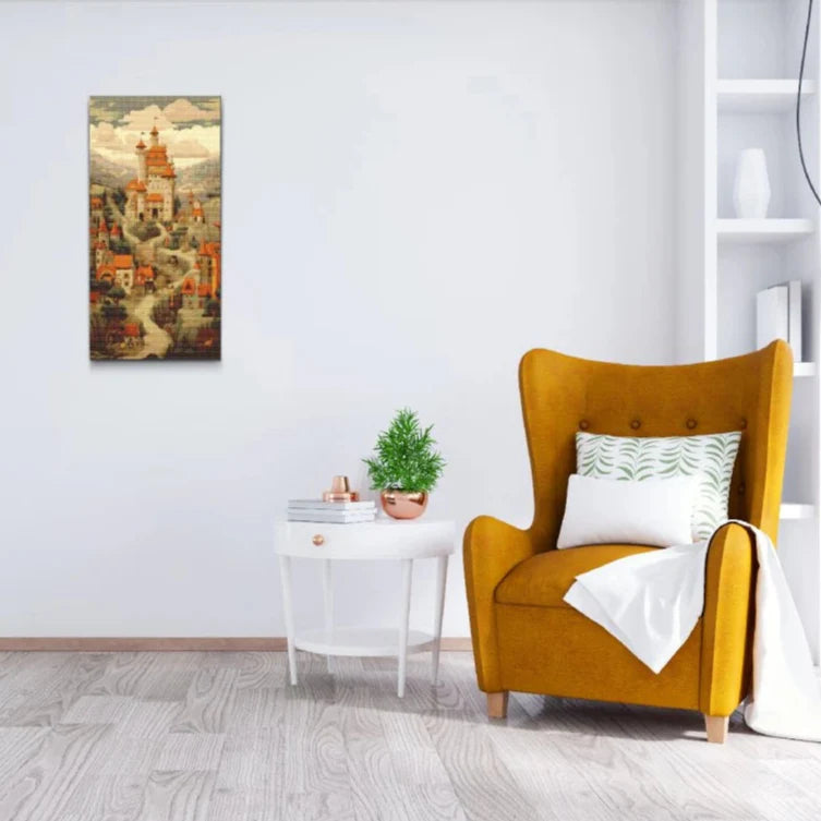 Sagolikt slott på bergstopp – detaljerad diamond painting för drömmare

