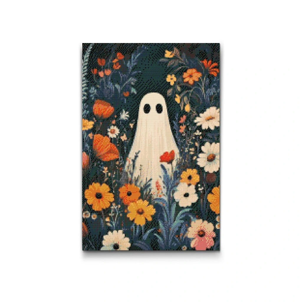 sött spöke i blomsterhav diamantmålning från PremiumDiamondPainting.se