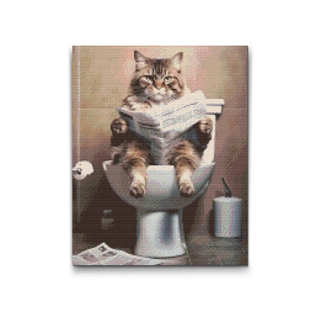 Diamond Painting av katt som läser tidning på toalett