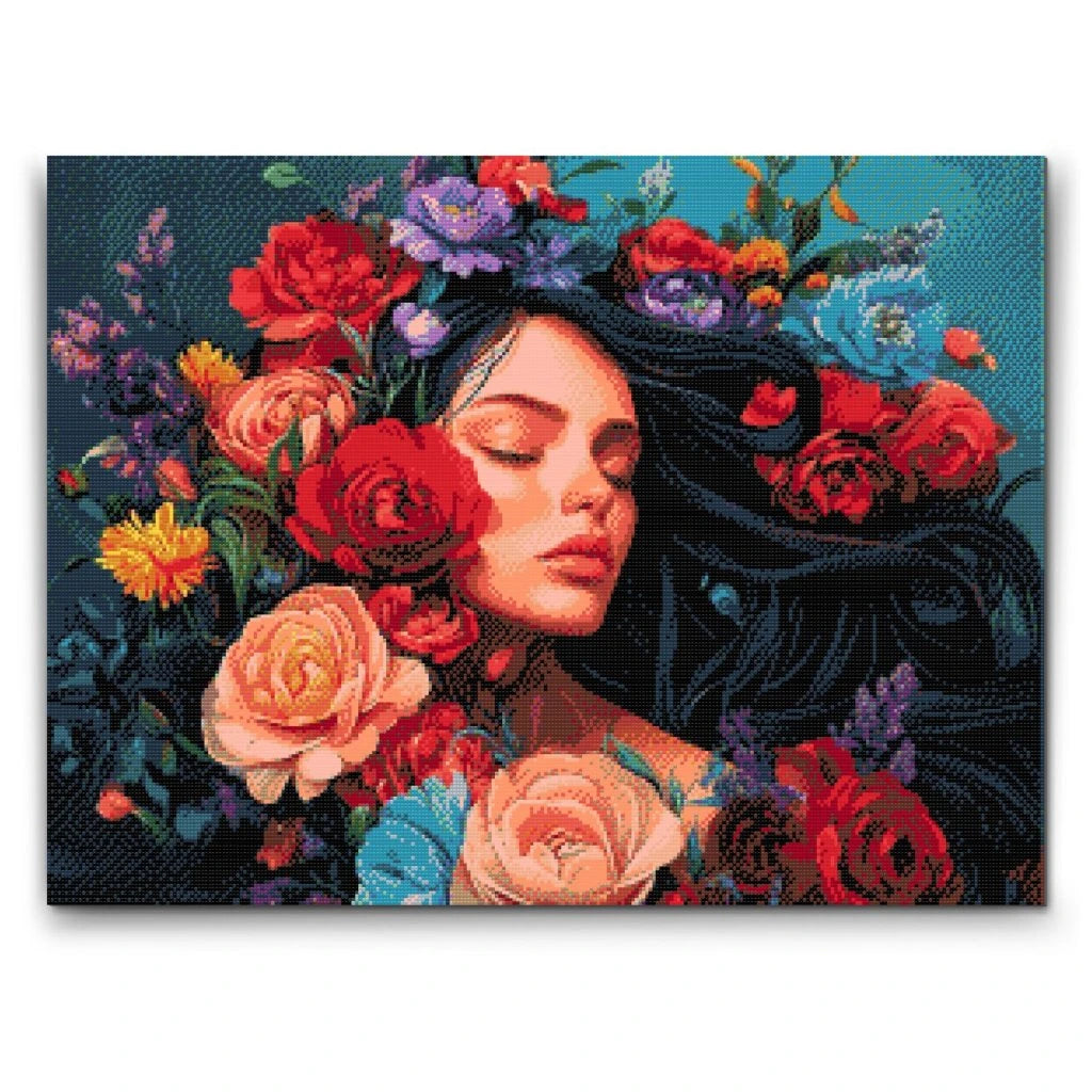 Diamond Painting av kvinna med blommor – färgstarkt porträtt