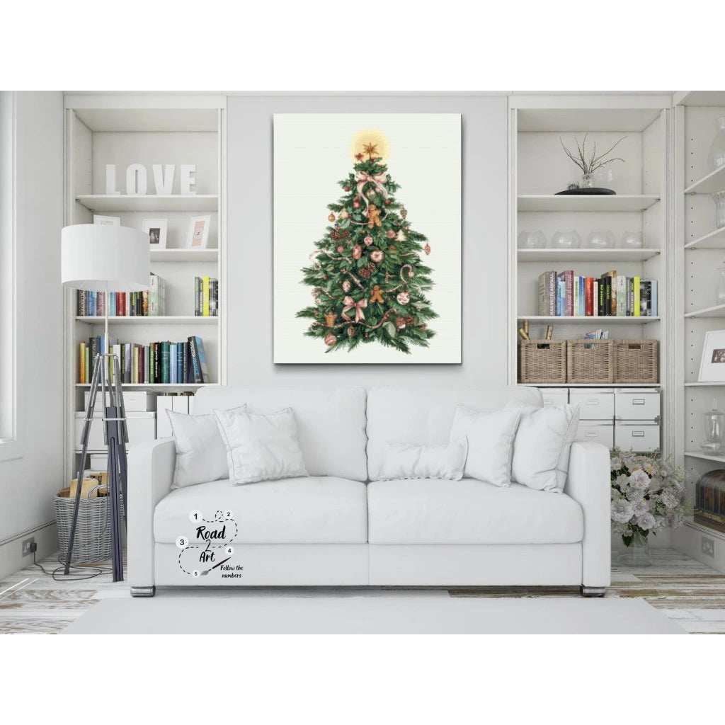 glittrande julmotiv med dekorerad gran – perfekt för vintern