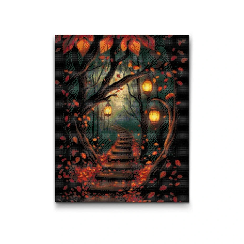Diamanttavla med höstig skogsstig och hängande lyktor – perfekt för halloweenpyssel och kreativ avkoppling.