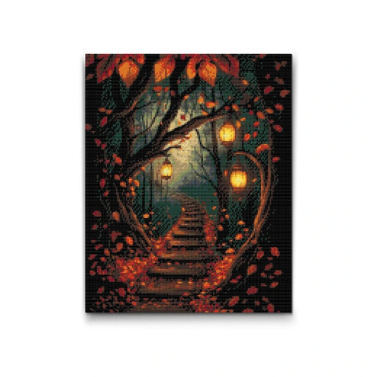 Diamanttavla med höstig skogsstig och hängande lyktor – perfekt för halloweenpyssel och kreativ avkoppling.