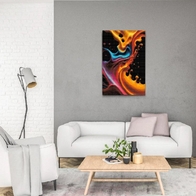 Diamond painting-kit med färgstarkt mönster och runda diamanter på svart bakgrund, delvis färdigställt.

