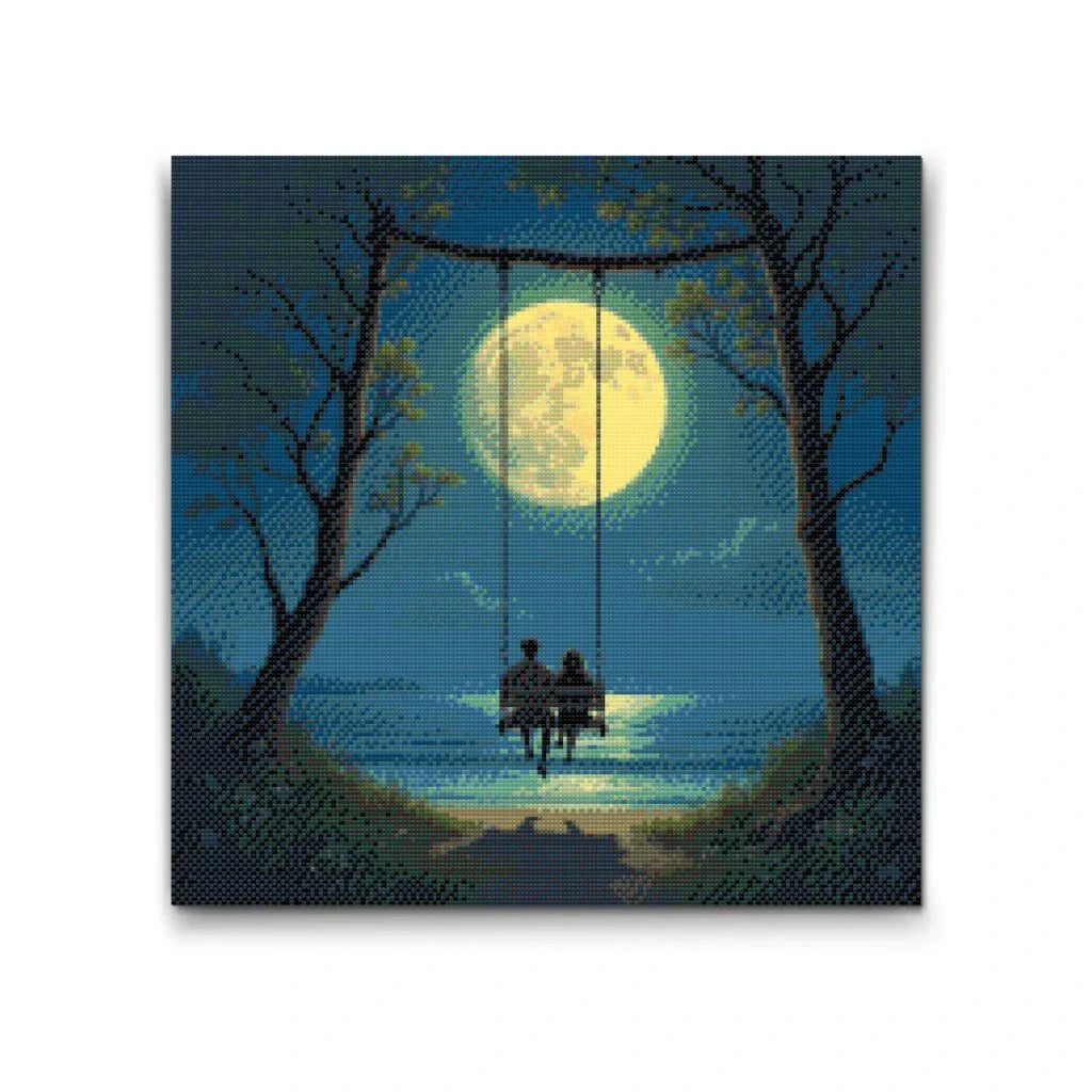 Romantiskt diamond painting-motiv med ett par på en gunga under fullmåne