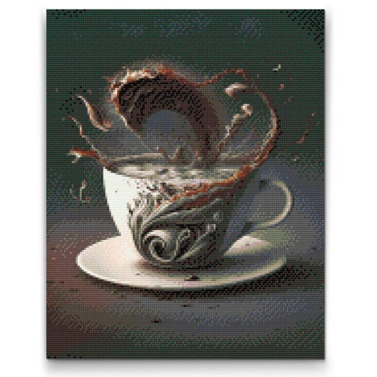 Diamond Painting av tsunami i kaffekopp – surrealistiskt motiv"