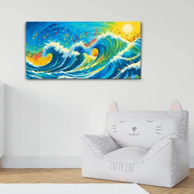 Musik på havets vågor – diamond painting med piano och glittrande vatten

