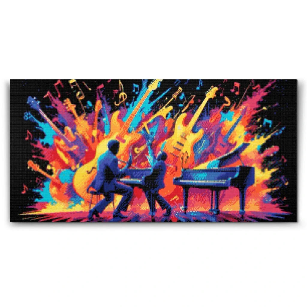 Diamond painting med musiker på scenen – färgstarkt och energifyllt motiv


