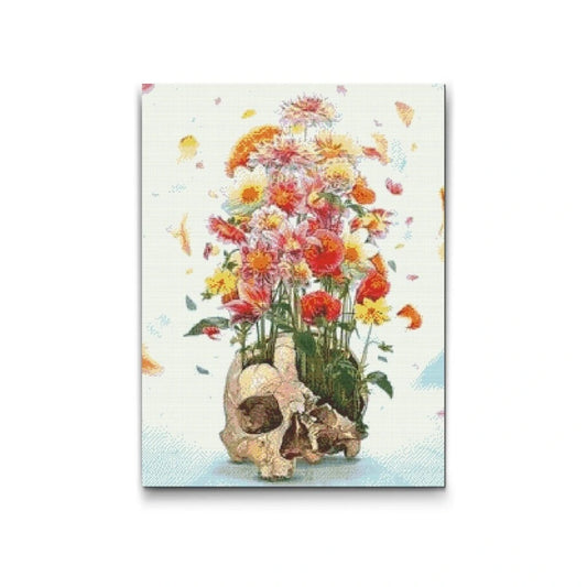 Diamond painting med dödskallevas och färgstarka blommor