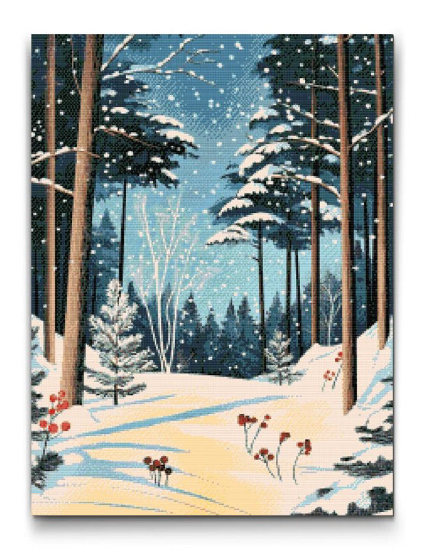 diamond painting med vinterskog och snöklädda träd