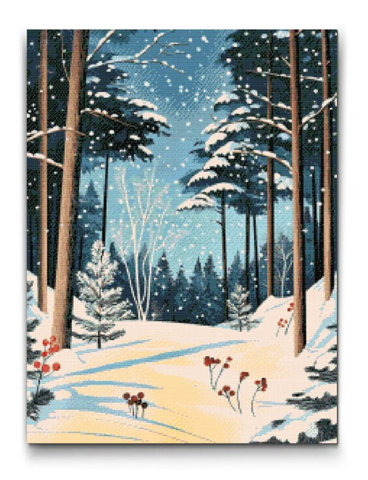 diamond painting med vinterskog och snöklädda träd