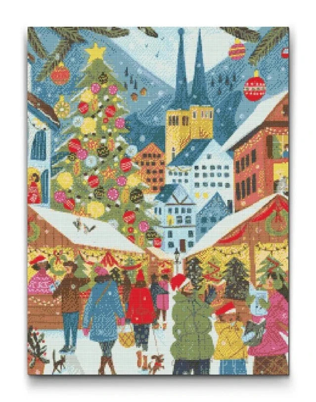 diamond painting med färgglad julmarknad i bergsby