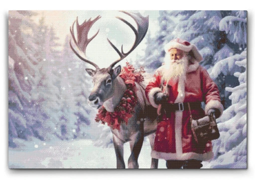 jultomte med ren i snöig vinterskog diamond painting