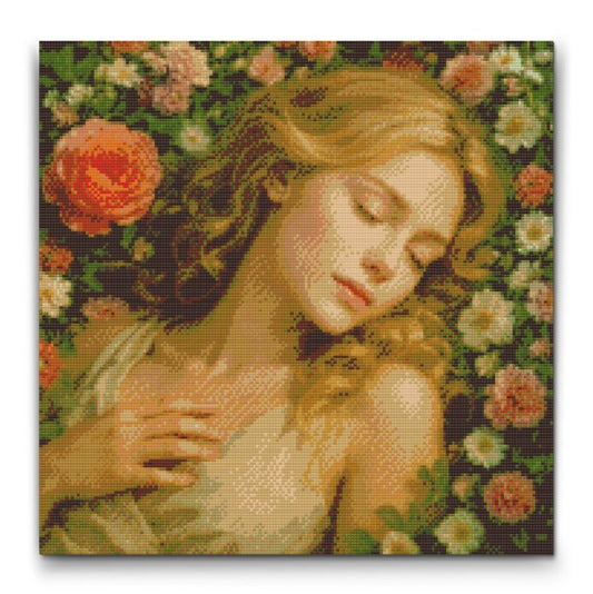 Sovande kvinna bland rosor diamantmålning