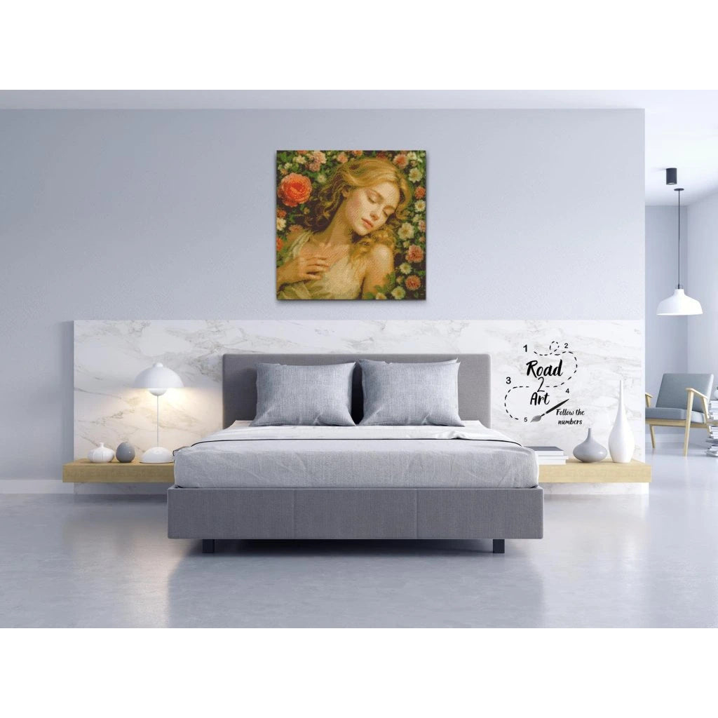 Romantisk diamond painting på canvas med blommor