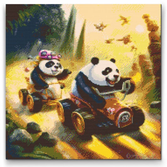 Diamond painting med springande panda – lekfullt djurmotiv i full fart

